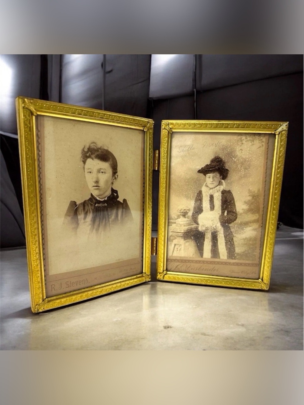 Antique Victorian Brass Cabinet Card Frame Original Photos c1890 R.J. Stevens